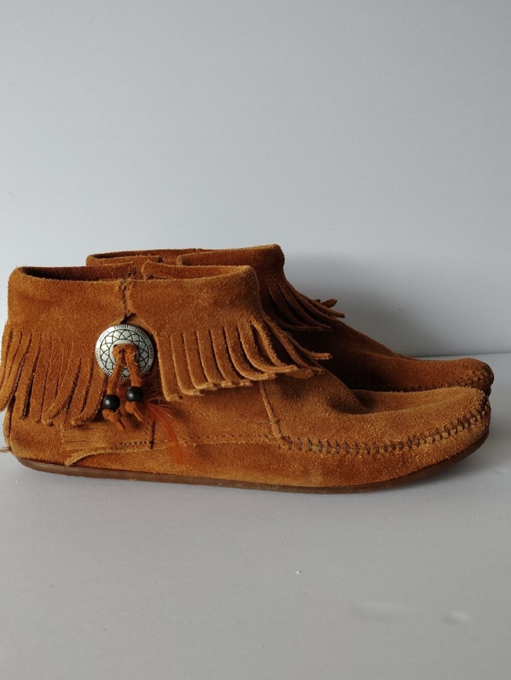Minnetonka Tan Suede Fringe Moccasin Boots - Picture 2 of 7